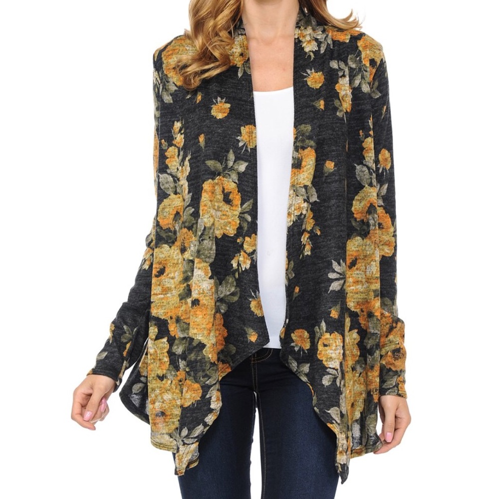 Black/Yellow floral open waterfall cardigan NEW